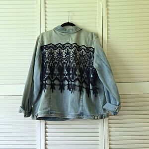 Chicos Back Lace Denim Jacket, Chicos size 4 or XXL. Denim with navy blue lace.